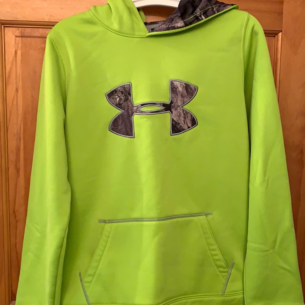UA hoodie, lime green with camo hood